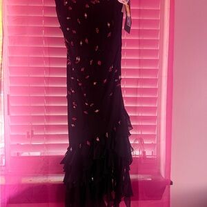 Sue Wong Elegant Black Dress with Vibrant Floral Details